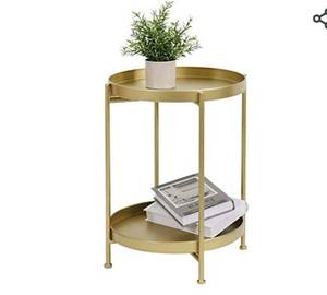 lot 71858 image: 2-Tier End Table Metal Round Tray Side Table Small Folding Accent Coffee Table Sofa Side Snack Table Anti-Rust and Waterproof Nightstand for Living Room Bedroom Balcony and Office, GoldMISSING HARDWARE 