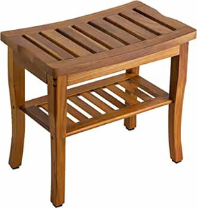 lot 2265 image: Teak Shower Bench, Spa Bath Shower Stool with Storage Shelf, Wooden Seat Stool for Bathroom
