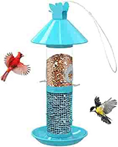 lot 2268 image: Aumuca Hanging Wild Bird Feeder - Outdoor Bird Feeder for Garden Yard Outside Decoration, 2 in 1 Plastic Metal Feeder for Mix Seeds, Gazebo Shaped Birds Feeder with Roof for All Weather, Easy Assembly