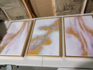 lot 2275 image: Pink Gold 3 Piece Canvas Art 15.5�23.5