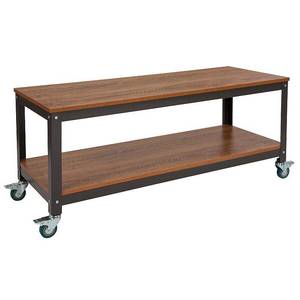 lot 2281 image: Flash Furniture TV Stand in Brown Oak Wood Grain Finish with Metal Wheels