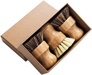 lot 2315 image: Palm Pot Brush- Bamboo Round 3 Packs Mini Dish Brush Natural Scrub Brush Durable Scrubber Cleaning Kit with Union Fiber and Tampico Fiber for Cleaning Pots, Pans and Vegetables