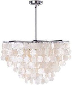 lot 2333 image: Wellmet Natural Capiz Shell Chandelier, 6 Lights Coastal Modern Capiz Chandelier Pendant Lighting, Hanging Round Layered Chandelier for Living Room, Dining Table, Bedroom, Kitchen, Foyer, W-23.62��