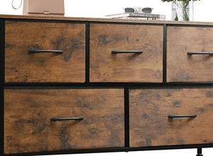 lot 2346 image: WLIVE Dresser for Bedroom with 5 Drawers, Wide Chest of Drawers, Fabric Dresser, Storage Organizer Unit with Fabric Bins for Closet, Living Room, Hallway, Nursery, Rustic Brown Wood Grain Print