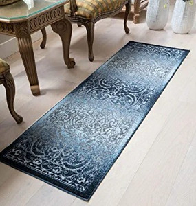 lot 2353 image: Maples Rugs Pelham Vintage Runner Rug Non Slip Hallway Entry Carpet Made in USA, 2 x 7, NavyGrey