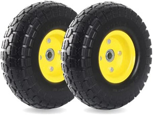 lot 2357 image: 10-Inch Solid Rubber Tires and Yellow Wheels-Replacement 4.103.50-4��Tires and Wheels with 58�� Axle Bore Hole, 2.17��Offset Hub, and Double Sealed Bearings-Perfect for Gorilla Carts, 3 Pack