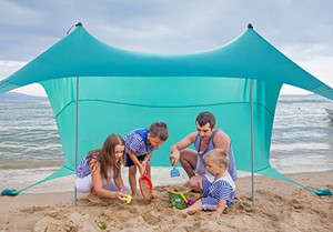 lot 2358 image: Beach Tent Pop Up Beach Canopy, UPF50 Sun Beach Shade, Portable Sun Shelter with 2 Aluminum Poles, 4 Pole Anchors & Sand Shovel, Family Beach Sunshade with Carrying Bag
