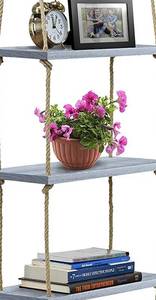 lot 2363 image: Sorbus Wood Hanging Shelf 3-Tier Rustic Wood Swing Storage Shelves Jute Rope Organizer Rack, Floating Display Shelves, Set of 2