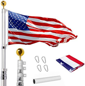 lot 2365 image: WeValor 20FT Telescoping Flag Pole Kit, Heavy Duty 16 Gauge Aluminum Outdoor In Ground Flag Poles with 3x5 USA Flag, for Residential or Commercial, Silver