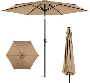 lot 2371 image: 10ft Outdoor Steel Polyester Market Patio Umbrella wCrank, Easy Push Button, Tilt, Table Compatible, Tan