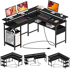 lot 5492 image: Power Outlets, Reversible L Shaped Computer Corner Desk with Monitor Stand, Home Office Gaming Desk
