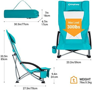 lot 5520 image: KingCamp Low Sling Beach Chairs,Folding LowHigh Mesh Reclining Back Low Seat Beach Chair for Adults with Headrest,Cup Holder,Carry Bag Padded Armrest for Sand Camping Lawn Concert Travel Festival