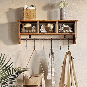 lot 5581 image: Rolanstar Wall Mounted Shelf with Hooks, Entryway Organizer Shelf with Storage Cabinets, Wall Mount Coat Rack with 6 Hooks,