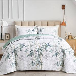lot 7507 image: Botanical Quilt Set King Size, Green Leaves Printed on White Reversible Bedspread Coverlet Set, Soft Microfiber Lightweight Bed Cover for All Season (102 x 90
