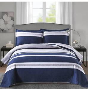 lot 7509 image: Finlonte Quilt 100% Cotton Quilt, Navy Blue Striped Quilts, Lightweight Soft twinfull size Quilt for All Season