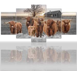 lot 7518 image: Highland Cow Wall Art Canvas,Scottish Cow Pictures Wall D�cor Farmhouse 5 Panel Animal Painting Artwork
