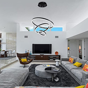 lot 5677 image: Dimmable LED Pendant Light Dining Room 86W Black LED Modern Chandelier Living Room 3 Ring Pendant Lighting Entryway with 59in Cord Adjustable,6000K Daylight