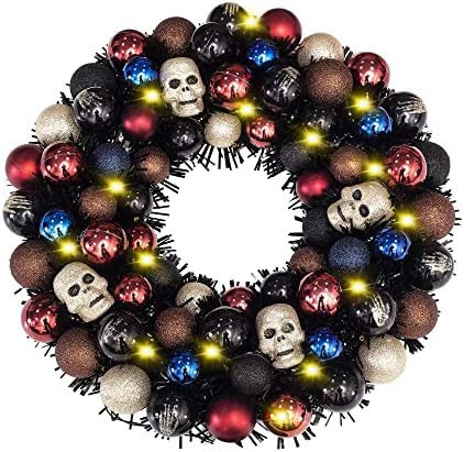 lot 18002 image: 16 Inch Halloween Ball Wreath with Lights Skull Ornament Garland Decoration for Festival Celebration Door Window Wall Home Theme Party Events Gifts