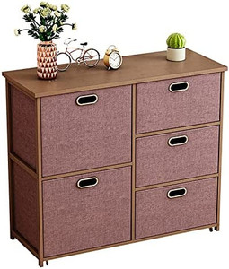 lot 10679 image: Bamboo Nightstand with 5 Drawers, Bedside Furniture & Accent End Table Storage Tower with Wheels for Bedroom, Living Room, Office, College Dorm, Hallway, Entryway (Dark Brown)
