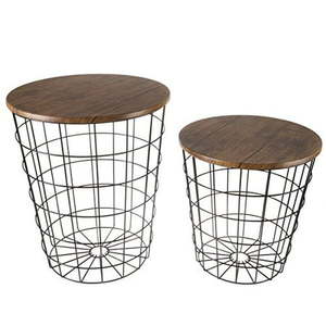 lot 10695 image: Lavish Home 80-ENDTBL-2 (Set of 2) Nesting End Storage Convertible Round Metal Basket Wood Veneer Top Accent Side Tables Dark Brown
