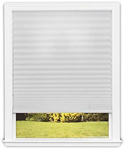 lot 10707 image: Redi Shade No Tools Easy Lift Trim-at-Home Cordless Pleated Light Filtering Fabric Shade White, 36 in x 64 in, (Fits windows 19 in - 36 in)