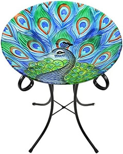 lot 20276 image: Home-X Peacock Glass Birdbath Bowl with Stand, Iron Outdoor Birdbath, Hand-Painted Glass Peacock Yard Decor, Standing Bird Feeder, 20 � L x 17 � D