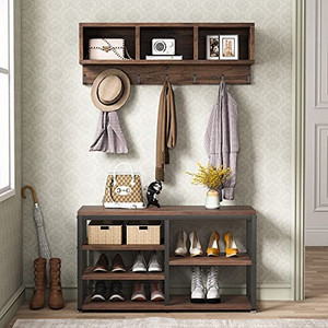 lot 20282 image: Tribesigns Coat Rack Shoe Bench Set, Hall Tree with Shoe Bench, Industrial Shoe Rack Bench with Coat Rack, 3 Storage Cubbies, 7 Hooks for Entryway, Hallway, 5-in-1Design, Rustic Brown