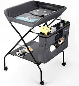 lot 20315 image: Rolling Baby Changing Table with Wheels, FORSTART Adjustable Height Folding Infant Diaper Station Portable Mobile Nursery Organizer with Newborn Lightweight Storage Rack