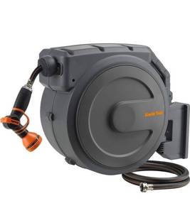 lot 30592 image: Giraffe Tools Retractable Garden Hose Reel 12 Inch x 130 ft, Super Heavy Duty, Any Length Lock, Slow Return System, Wall Mounted and 180 Deg Swivel Bracket