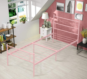 lot 30596 image: Pink Twin Bed Frame for Girls,Bed Mattress Foundation Support with Headboard and Footboard No Box Spring Need Metal Platform Bed
