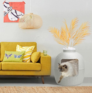 lot 30599 image: keygarzone Plant Hidden Cat Litter Box with Reusable Liner, Carbon Filter & Real Stones, DIY Solutions for Home Decor, for Kitty, Light Gray