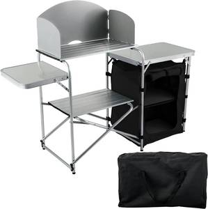 lot 20330 image: Camping Kitchen Station, Aluminum Portable Folding Camp Cook Table with Windshield, Storage Organizer and 4 Adjustable Feet, Quick Installation for Outdoor Picnic Beach Party Cooking, Pink