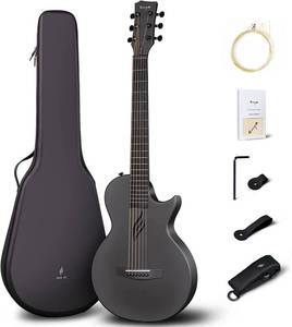 lot 30588 image: Enya Nova Go Carbon Fiber Acoustic Guitar 12 Size Beginner Adult Travel Acustica Guitarra wStarter Bundle Kit of Colorful Gift Packaging, Acoustic Guitar Strap, EVA Case, Cleaning Cloth(Black)