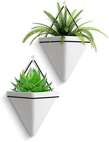 lot 21305 image: FairyLavie 8 Hanging Planter, 2 Pack Ceramic Geometric Wall Planters Plant Holder Container with Hooks for Indoor Outdoor Wall Decor, Ideal Gift for Family Friends