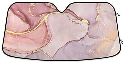 lot 38013 image: Pink Marble Car Windshield Sun Shade Golden Line Marbling Stone Sunshade Blocks UV Rays Protector Keep Your Vehicle Cool Sun Shield Visor Cover Foldable for Car Truck SUV M