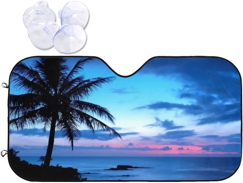 lot 38014 image: Tropical Beach Palm Trees Sunset Car Windshield Sunshade Blocks Uv Rays Foldable Reflective Sun Visor for Cars Truck SUV Keeps Vehicle Cool