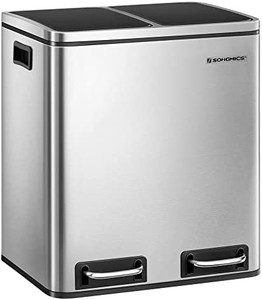 lot 11603 image: SONGMICS Dual Trash Can, 2 x 4 Gal (2 x 15L) Garbage Can, Steel Pedal Recycle Bin with Lid and Inner Buckets, for Small Kitchens, Fingerprint-Proof, Soft Closure, Airtight, Silver ULTB30H