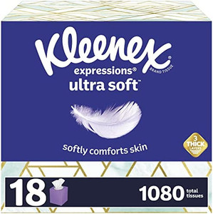 lot 11607 image: Kleenex Expressions Ultra Soft Facial Tissues, Soft Facial Tissue, 18 Cube Boxes, 60 Tissues per Box, 3-Ply (1,080 Total Tissues)