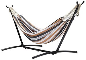 lot 11619 image: Double Hammock with 9-Foot Space Saving Steel Stand and Carrying Case, Multi Color, 400 lb Capacity