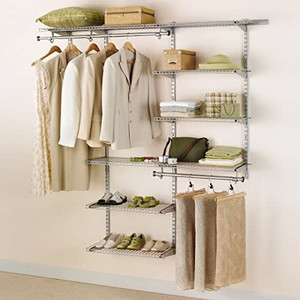 lot 11631 image: Rubbermaid Configurations Deluxe Closet Kit, Titanium, 3-6 Ft., Wire Shelving Kit with Expandable Shelving and Telescoping Rods, Custom Closet Organization System, Easy Installation
