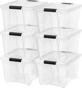 lot 31785 image: IRIS USA 32 Qt. Plastic Storage Bin Tote Organizing Container with Durable Lid and Secure Latching Buckles, Stackable and Nestable, 6 Pack, clear with Black Buckle