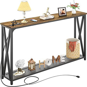 lot 41736 image: Sofa Table with Power Outlet, Karcog 47 Inch Narrow Entry Table for Living Room with USB Charging Station, Industrial Wood Accent Hallway Table with Stable Metal Suppor