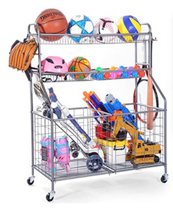 lot 21647 image: Sports Storage Organizer for Garage, Ball Storage Garage with Baskets and Hooks, Rolling Sports Equipment Storage Cart