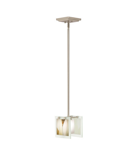 lot 3316 image: Kichler Lighting 65435 Khione 1LT Mini-Pendant, Brushed Nickel Finish with Art Glass Panels and Etched White Glass Shade