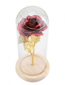 lot 62958 image: Zerodis Preserved Rose Flower LED Light with Glass Cover & Wooden Base