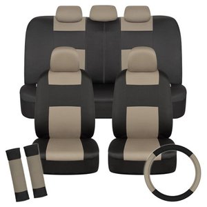 lot 62995 image: BDK PolyPro Car Seat Covers Full Set in Beige on Black with Steering Wheel Cover & Seat Belt Pads �� Front and Rear Split Bench Car Seat Cover Easy to Install Interior Covers for Auto Truck Van SUV