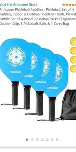 lot 63000 image: Amicoson Pickleball Paddles - Pickleball Set of 4 Paddles, Indoor & Outdoor Pickleball Balls, Pickleball Paddle Set of 4 Wood Pickleball Racket Ergonomic Cushion Grip, 8 Pickleball Balls
