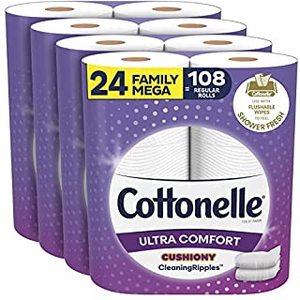 lot 63124 image: Cottonelle Ultra Comfort Toilet Paper with Cushiony CleaningRipples Texture, 24 Family Mega Rolls (18 Family Mega Rolls  108 regular rolls) (3 Packs of 6 Rolls) 325 Sheets per Roll (B07ND3MW45)