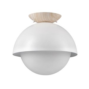 lot 63147 image: Globe Electric Oswald Matte White 1-Light Flush Mount with Faux Wood Accent Canopy and Frosted Glass Shade 60316