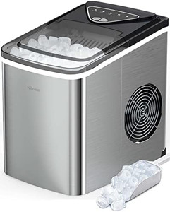 lot 63170 image: Silonn Ice Makers Countertop, 9 Cubes Ready in 6 Mins, 26lbs in 24Hrs, Self-Cleaning Ice Machine with Ice Scoop and Basket, 2 Sizes of Bullet Ice for Home Kitchen Office Bar Party